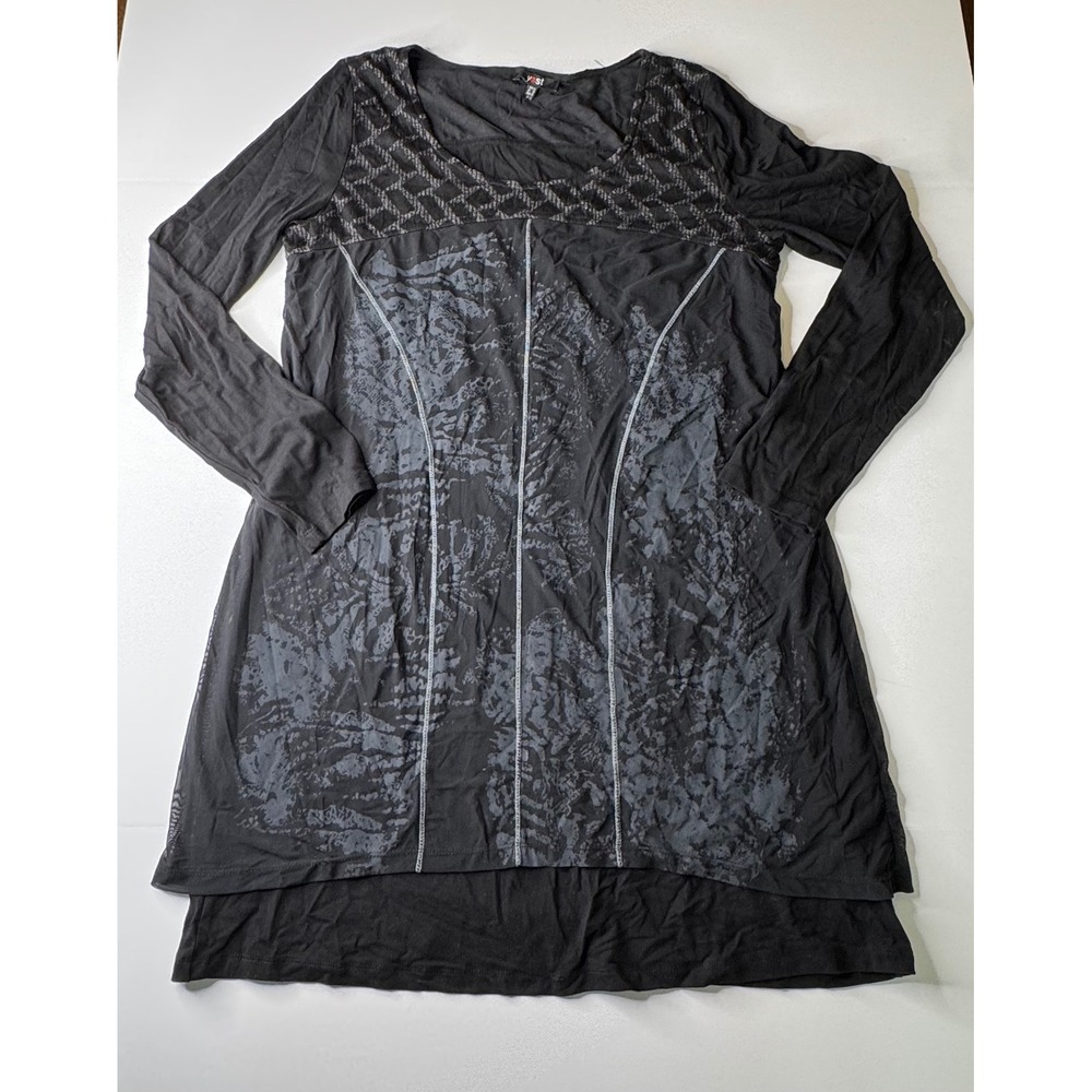 Yest Black Mesh Layered Tunic Top Long Sleeve Graphic Print Size XL USA 12